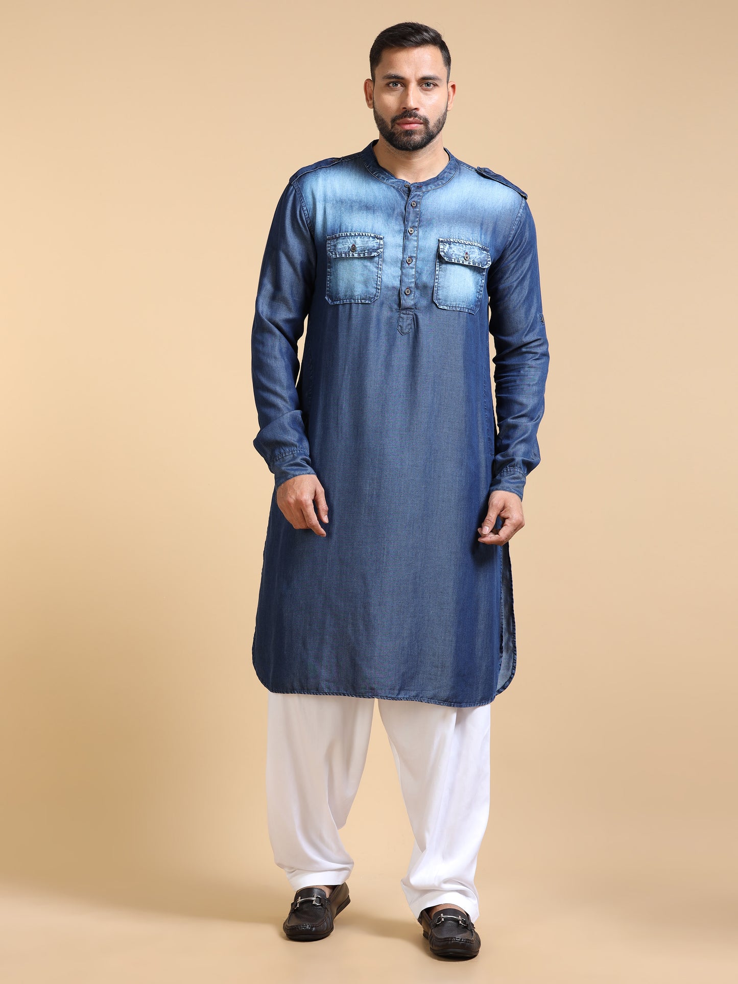 Men’s Blue Denim Pathani Set with White Salwar