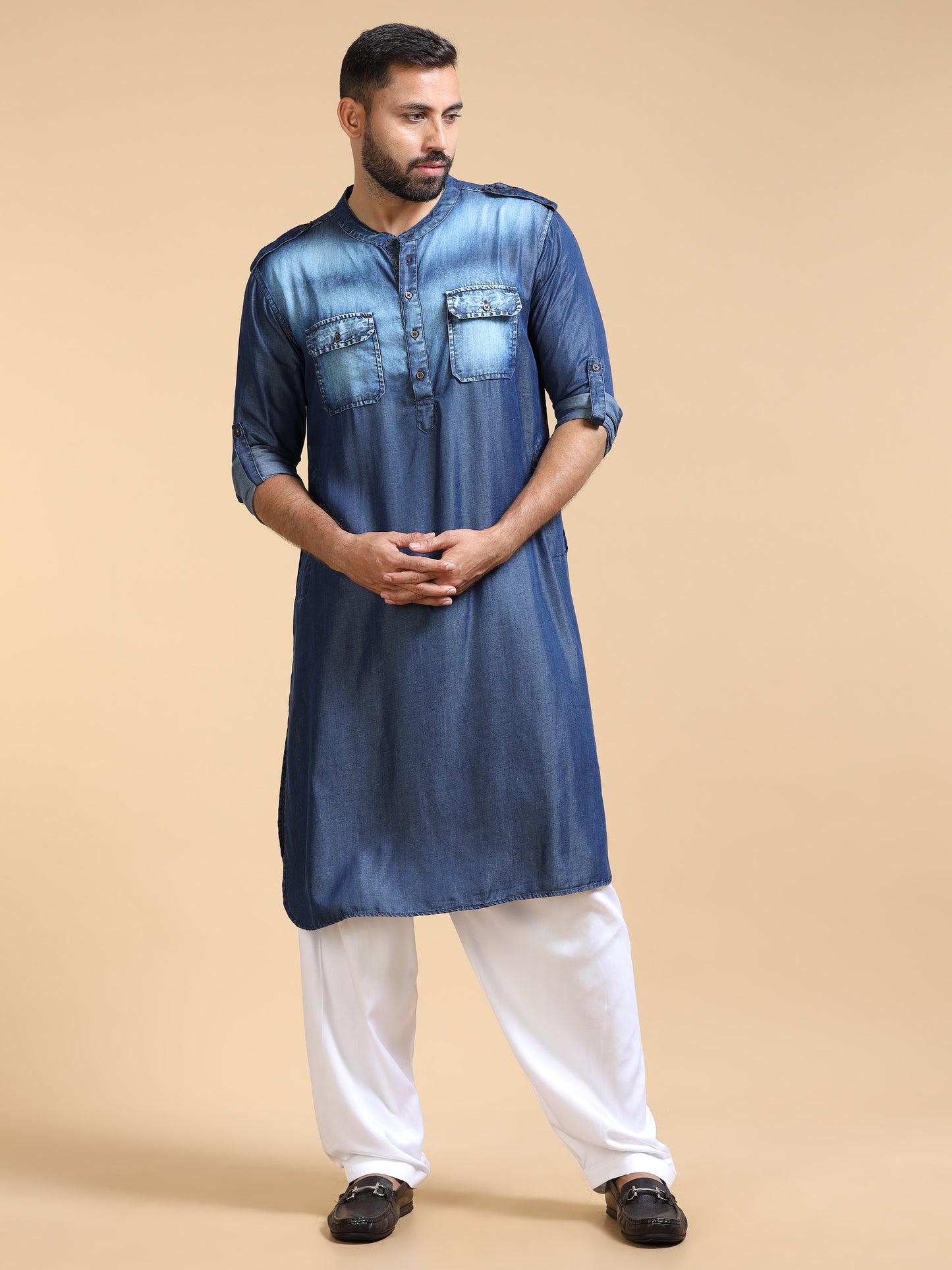 Men’s Blue Denim Pathani Set with White Salwar