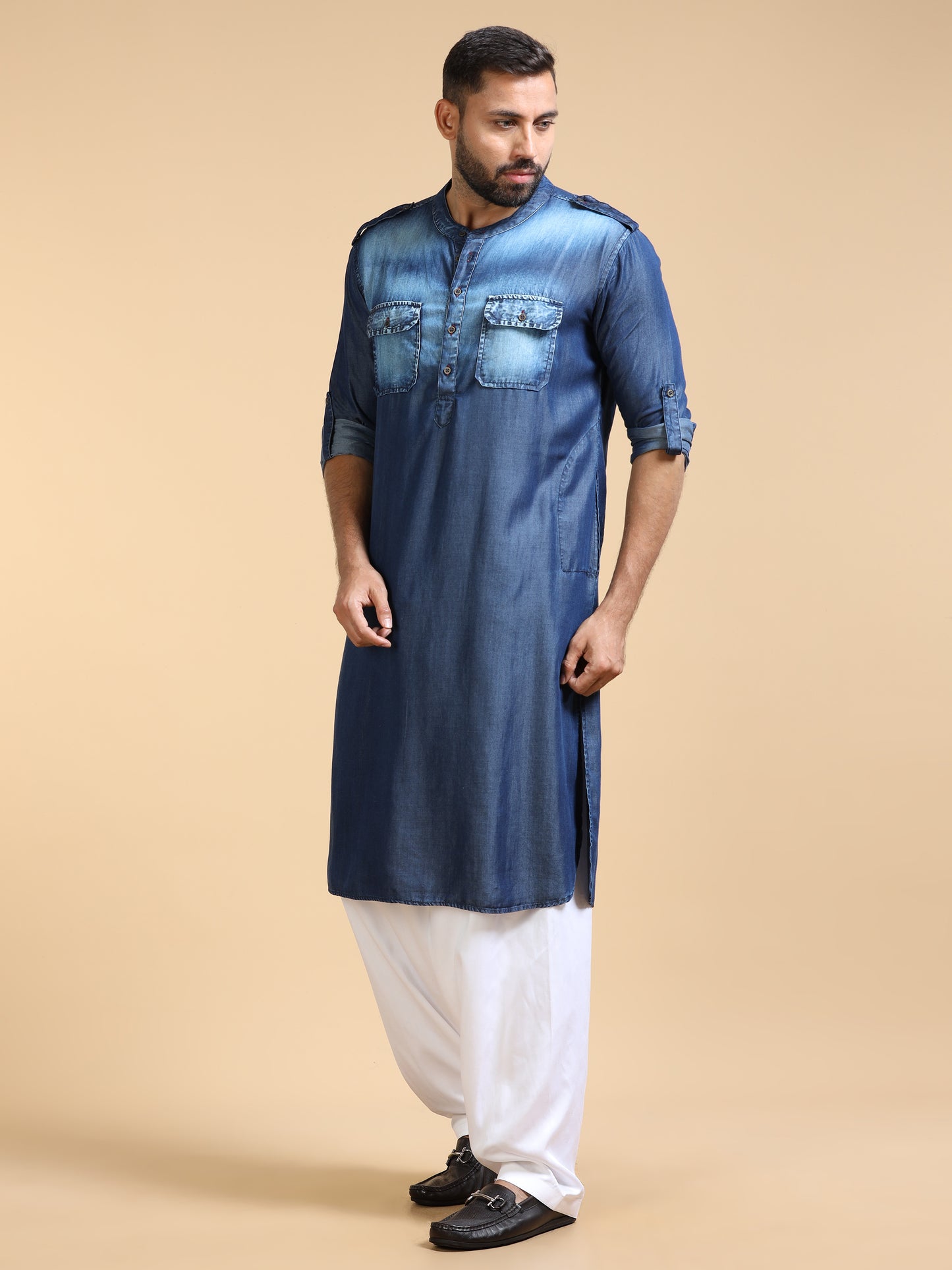 Men’s Blue Denim Pathani Set with White Salwar