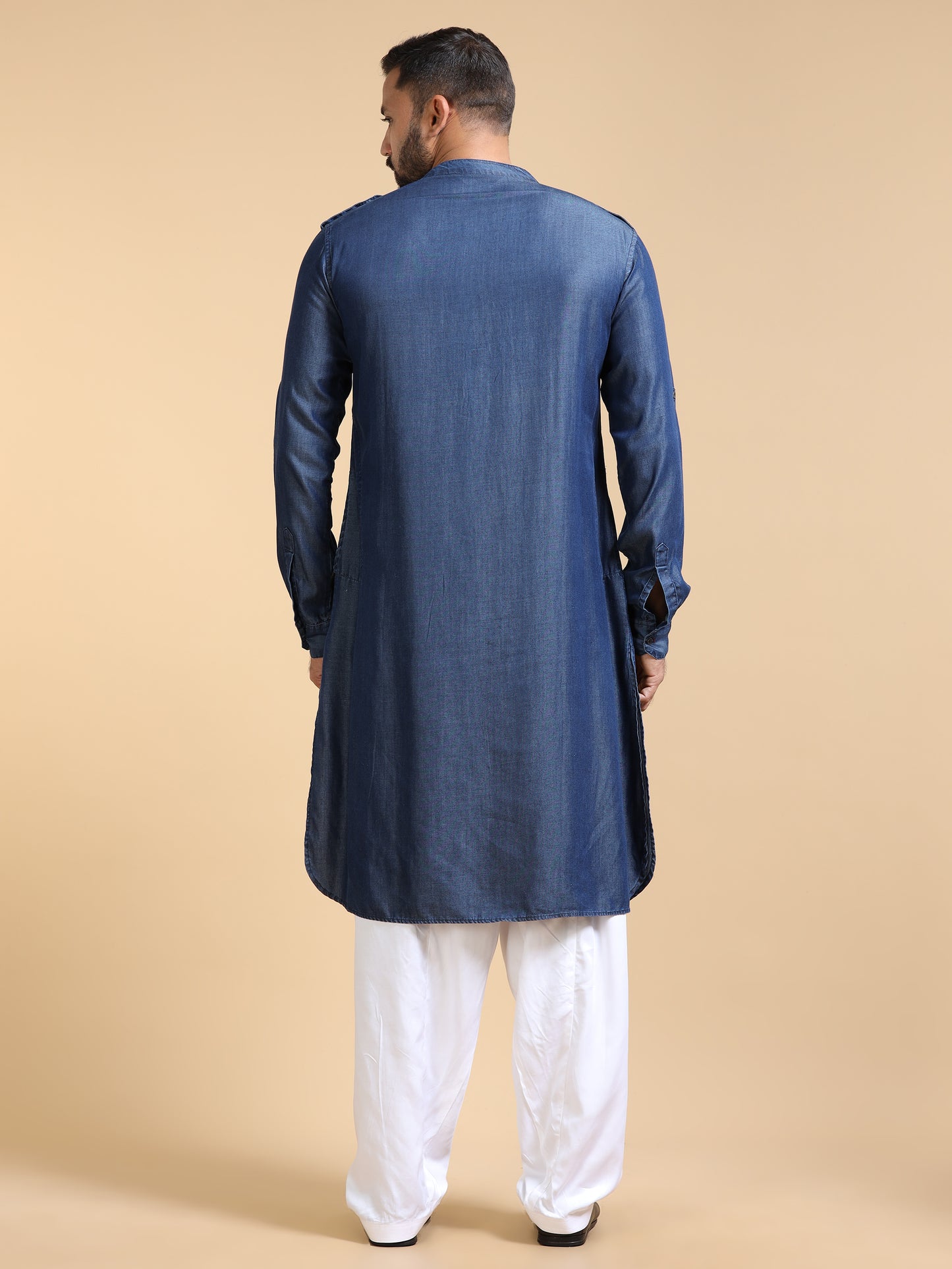 Men’s Blue Denim Pathani Set with White Salwar