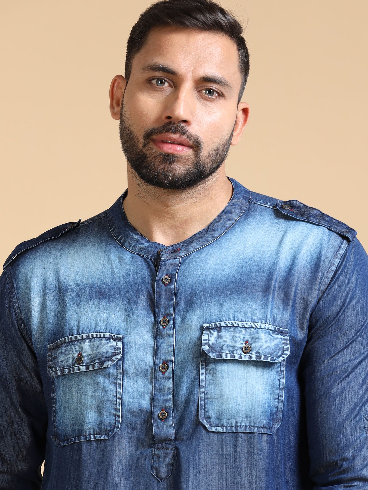 Men’s Blue Denim Pathani Set with White Salwar