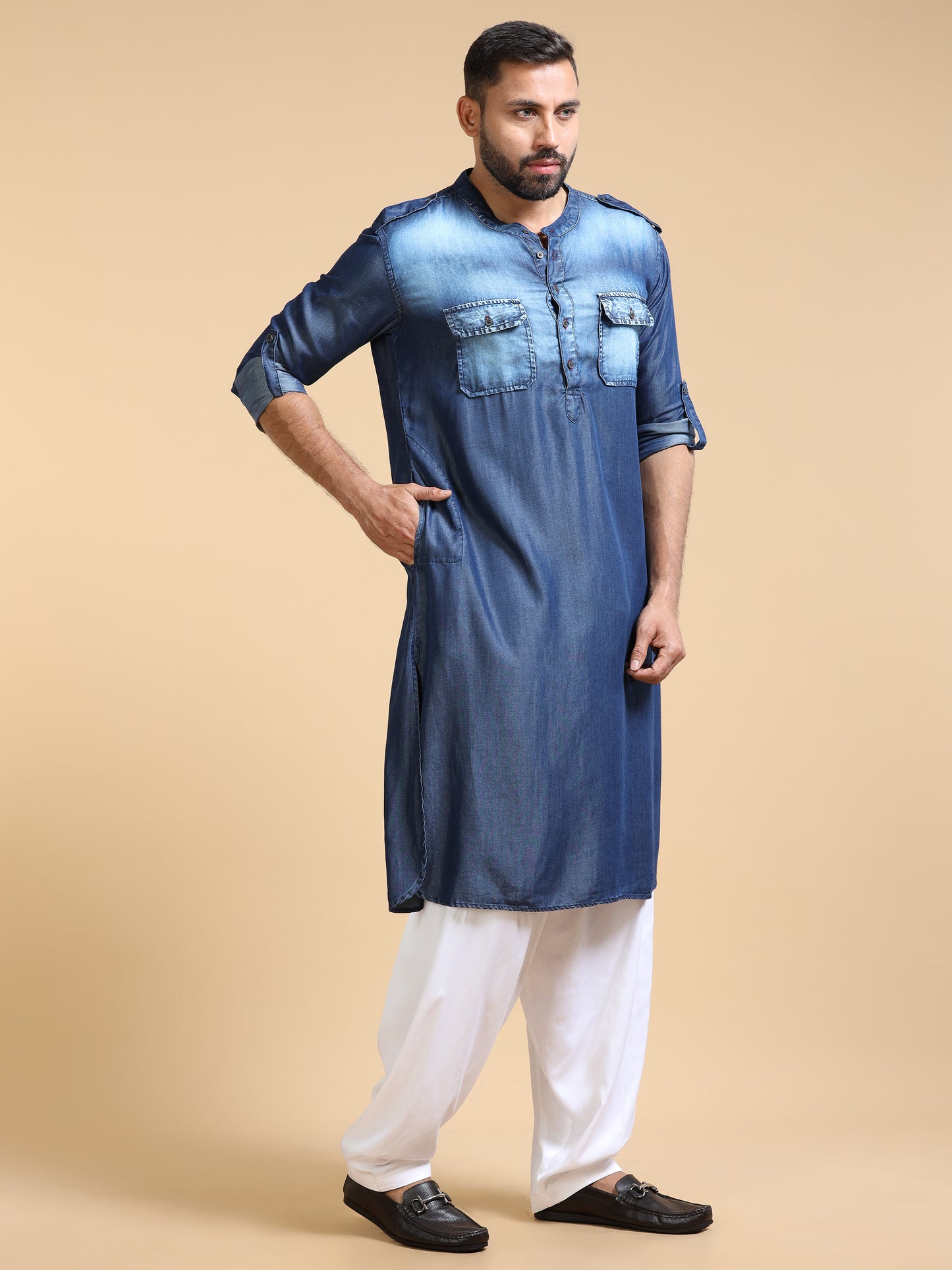 Men’s Blue Denim Pathani Set with White Salwar
