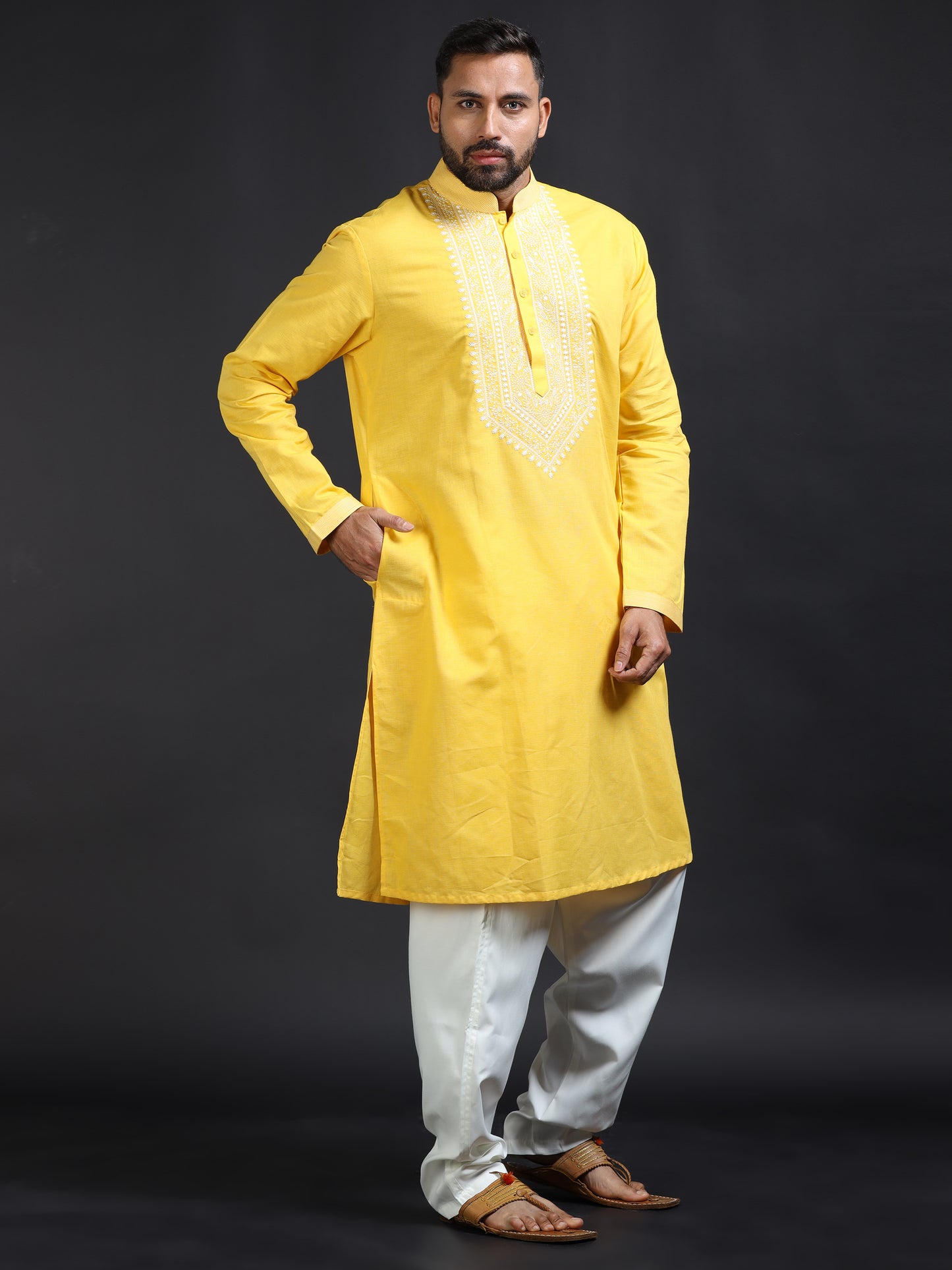 Men’s Yellow Kurta Pajama Set with Ivory Embroidered Neck