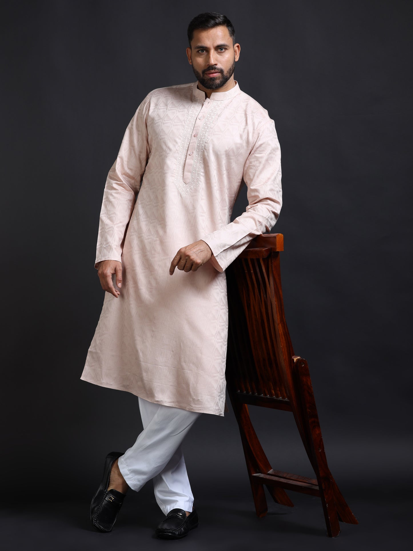 Powder Pink Kurta Set for Men with White Pyjama