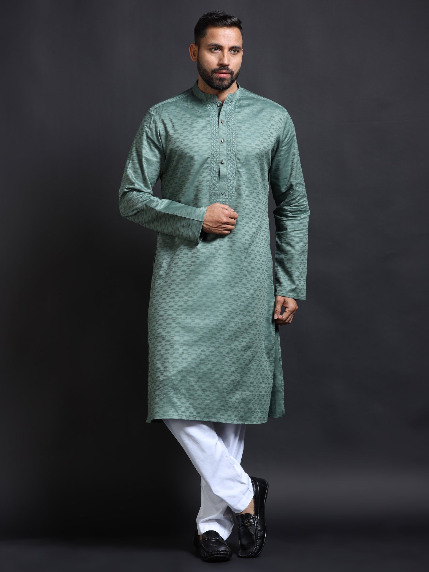 Sage Green Kurta Set for Men with White Pyjama