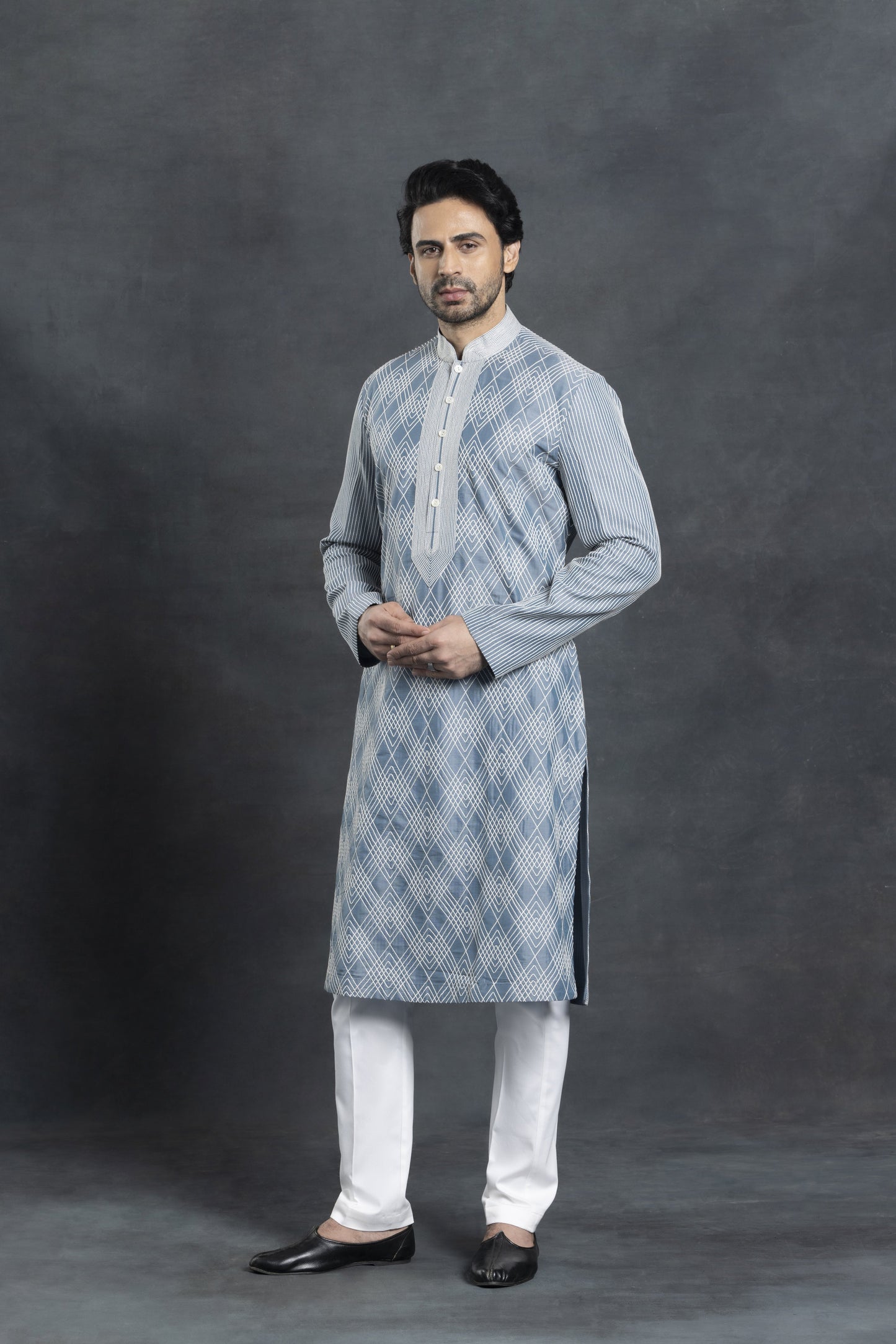 Sky Blue Checkered Pattern Kurta Set