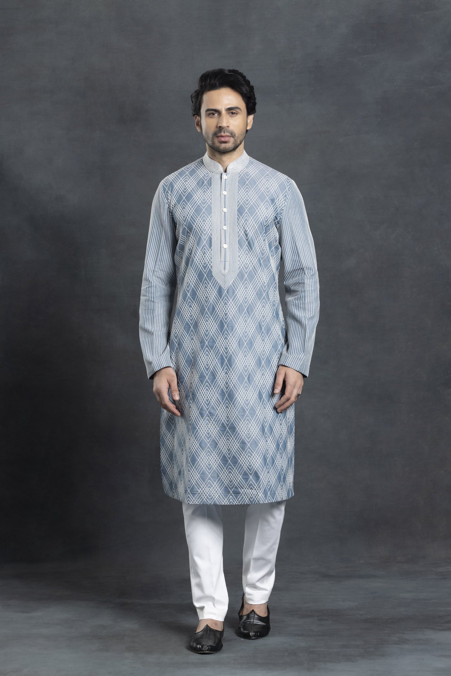 Sky Blue Checkered Pattern Kurta Set