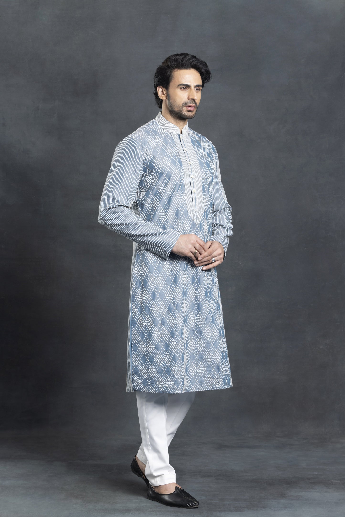 Sky Blue Checkered Pattern Kurta Set