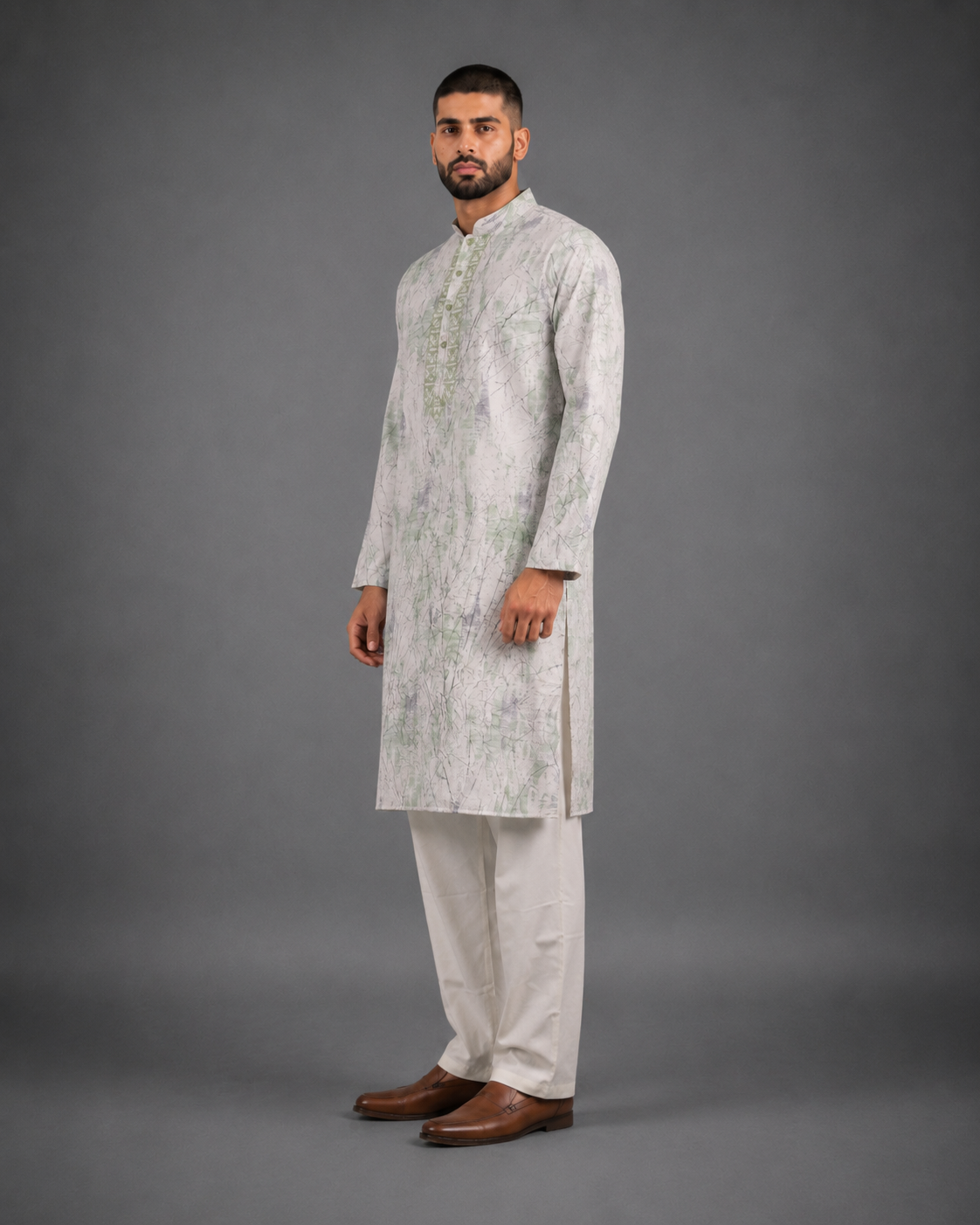 Men's White & Light Green Vintage Crush Classic Kurta Pyjama Set