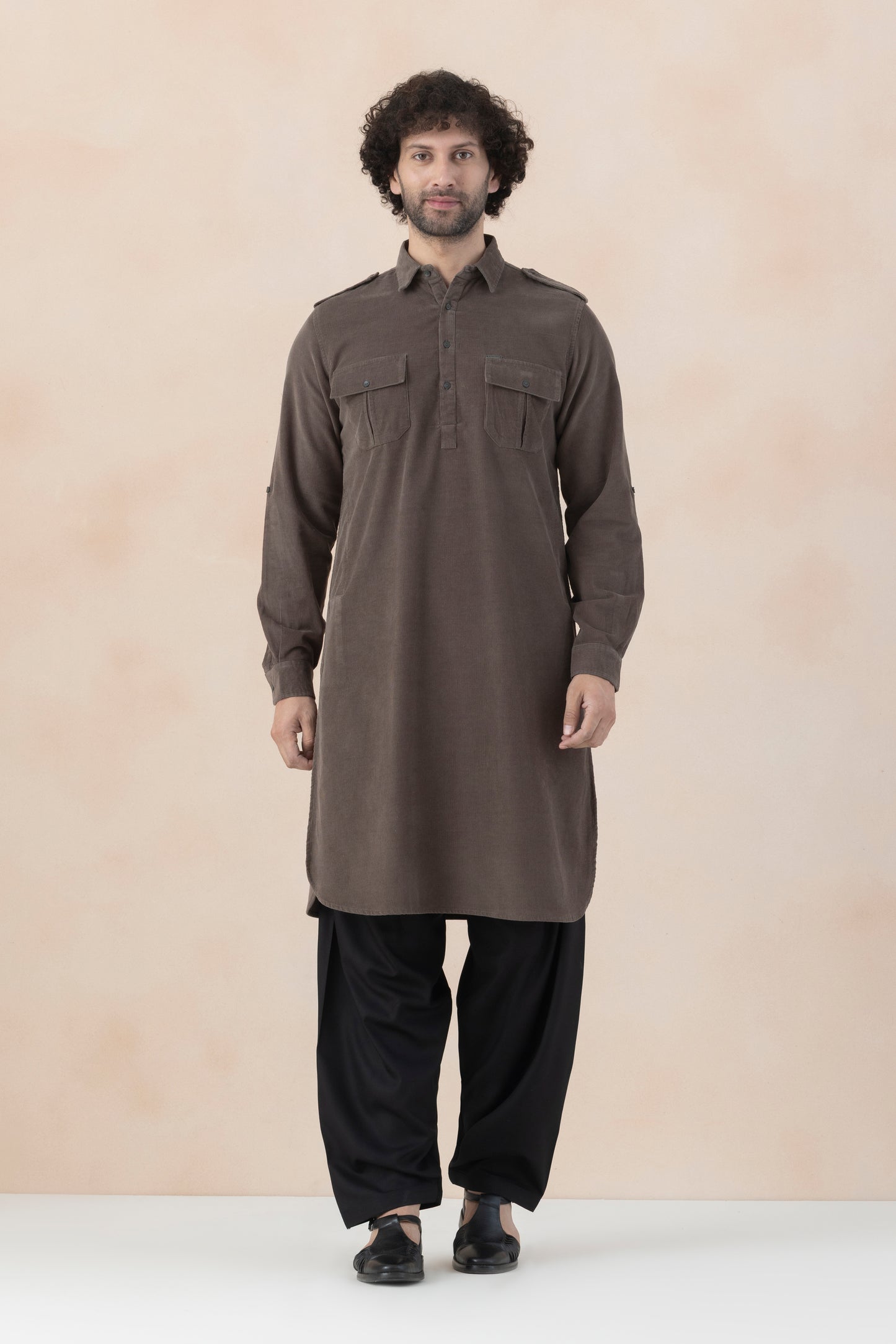 Men's  Brown Solid Corduroy Pathani