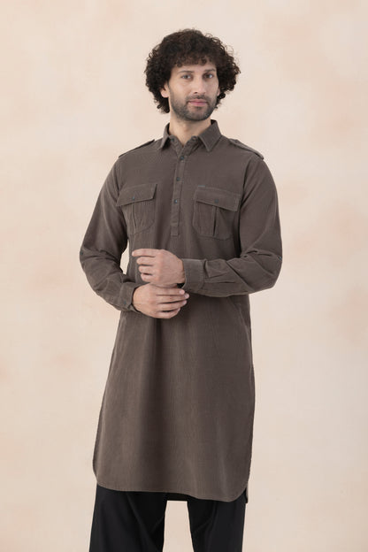 Men's  Brown Solid Corduroy Pathani