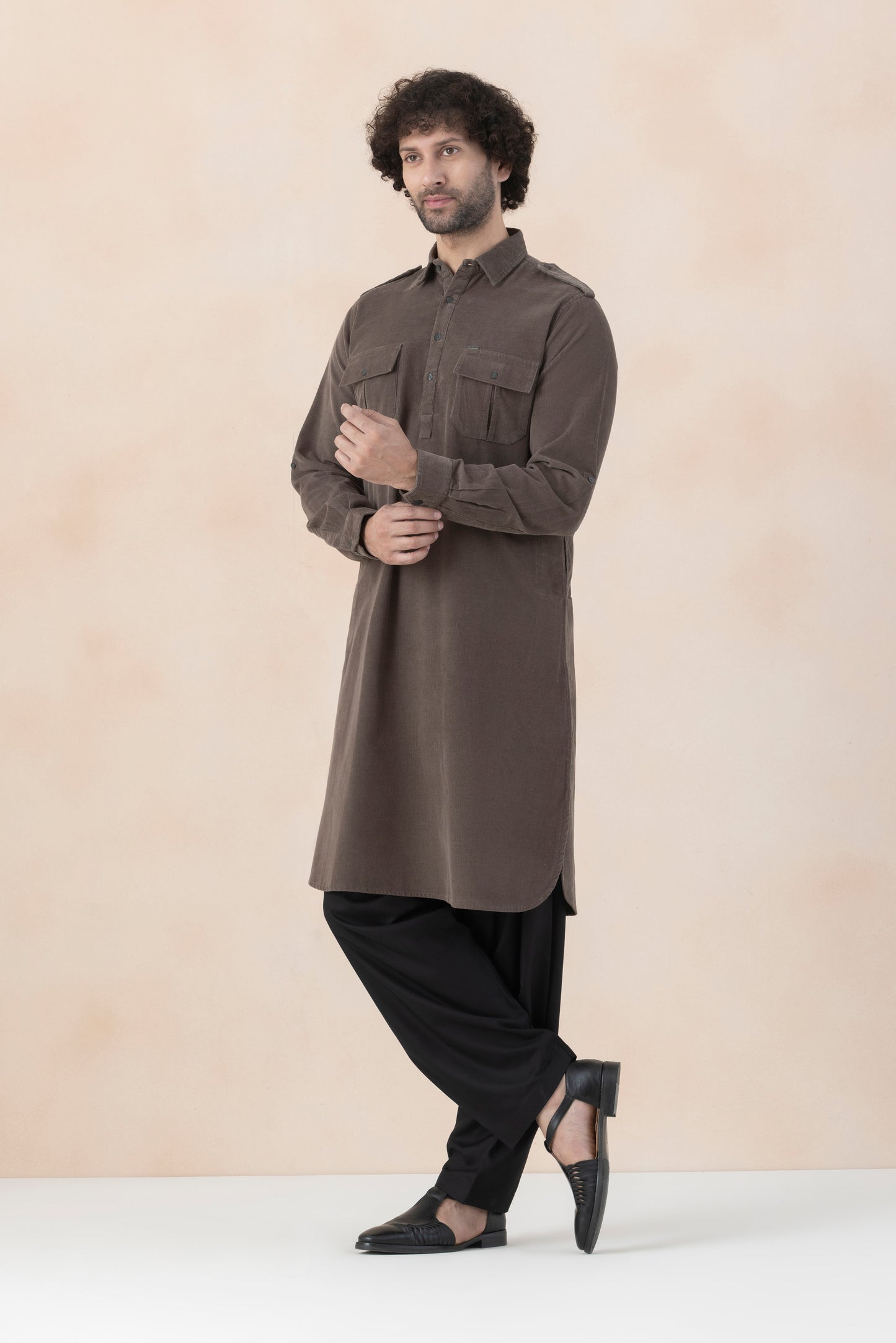 Men's  Brown Solid Corduroy Pathani