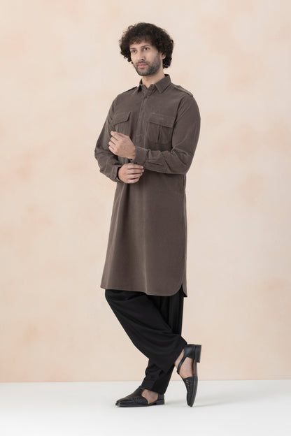 Men's  Brown Solid Corduroy Pathani