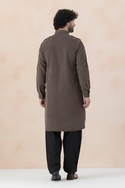 Men's  Brown Solid Corduroy Pathani