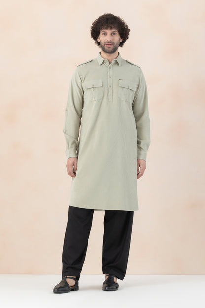 Men's Light Sage Green Corduroy Pathani Set