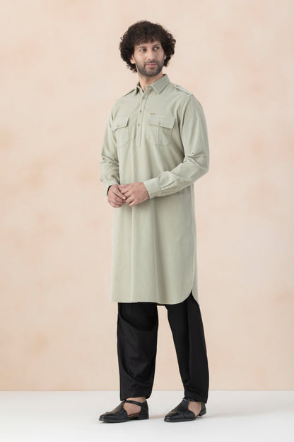 Men's Light Sage Green Corduroy Pathani Set