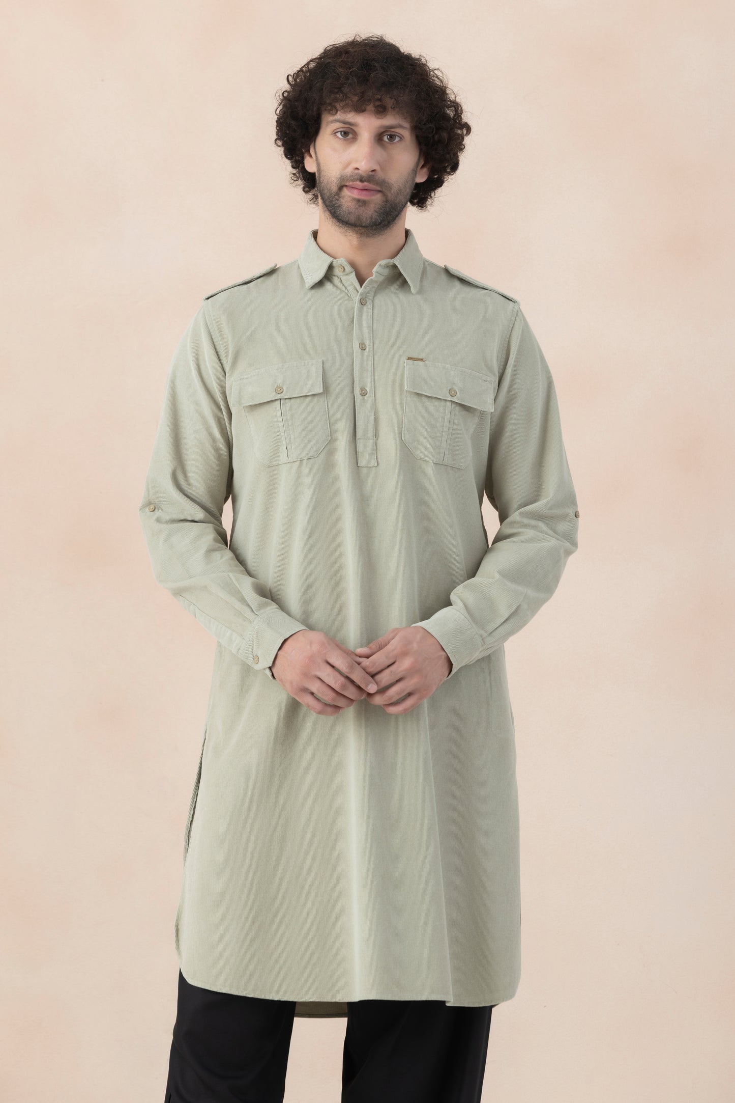 Men's Light Sage Green Corduroy Pathani Set