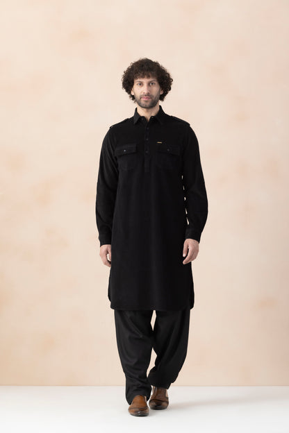 Men's  Black Solid Corduroy Pathani