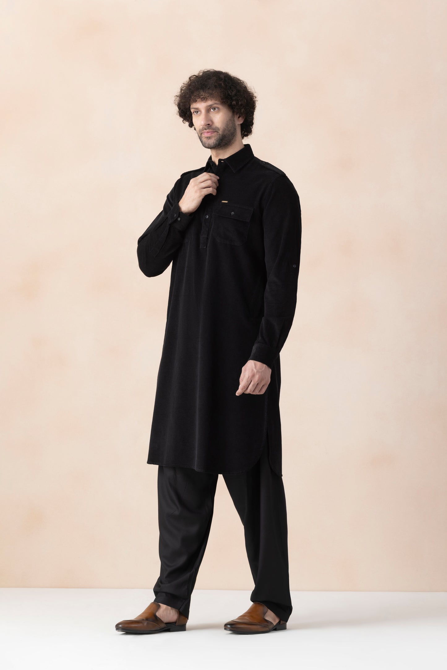 Men's  Black Solid Corduroy Pathani