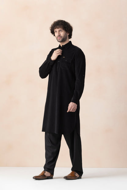 Men's  Black Solid Corduroy Pathani