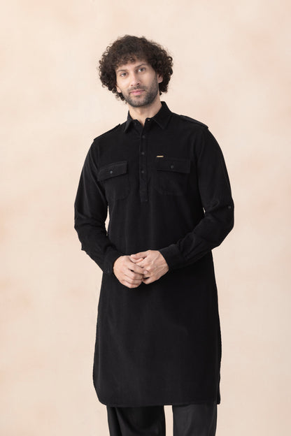 Men's  Black Solid Corduroy Pathani