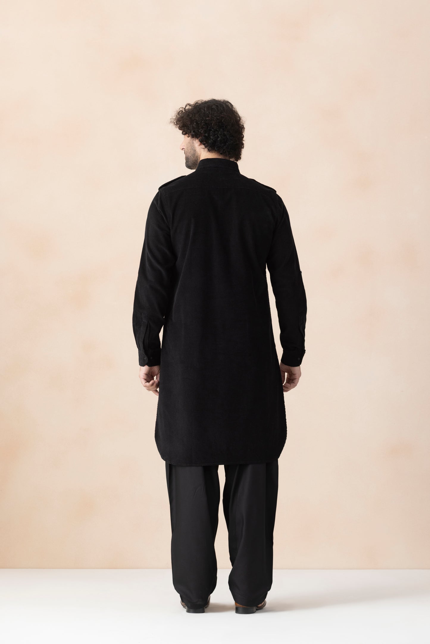 Men's  Black Solid Corduroy Pathani