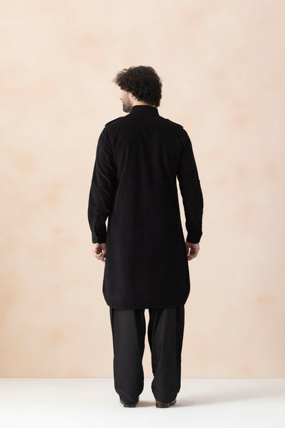 Men's  Black Solid Corduroy Pathani