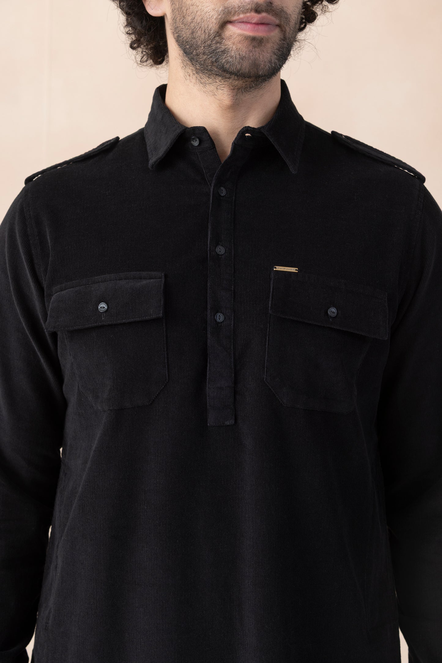 Men's  Black Solid Corduroy Pathani