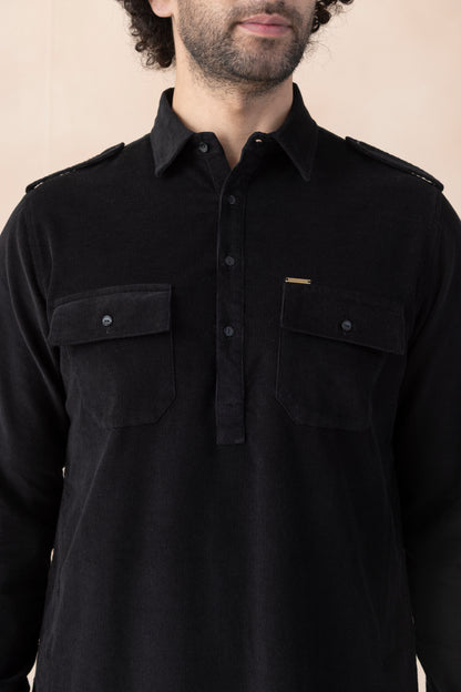 Men's  Black Solid Corduroy Pathani