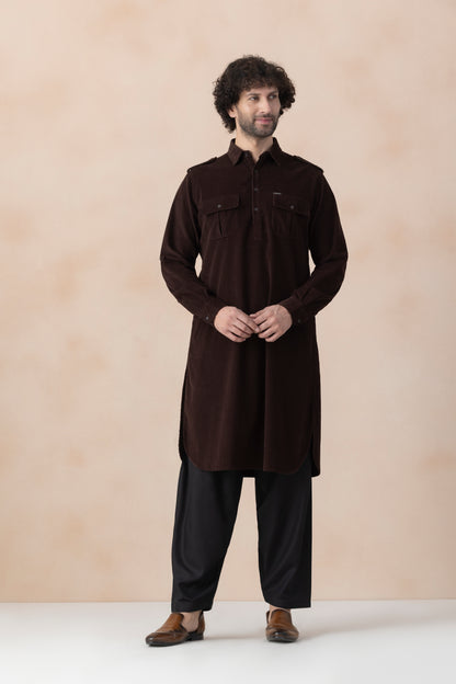 Men's Dark Brown  Solid Corduroy Pathani