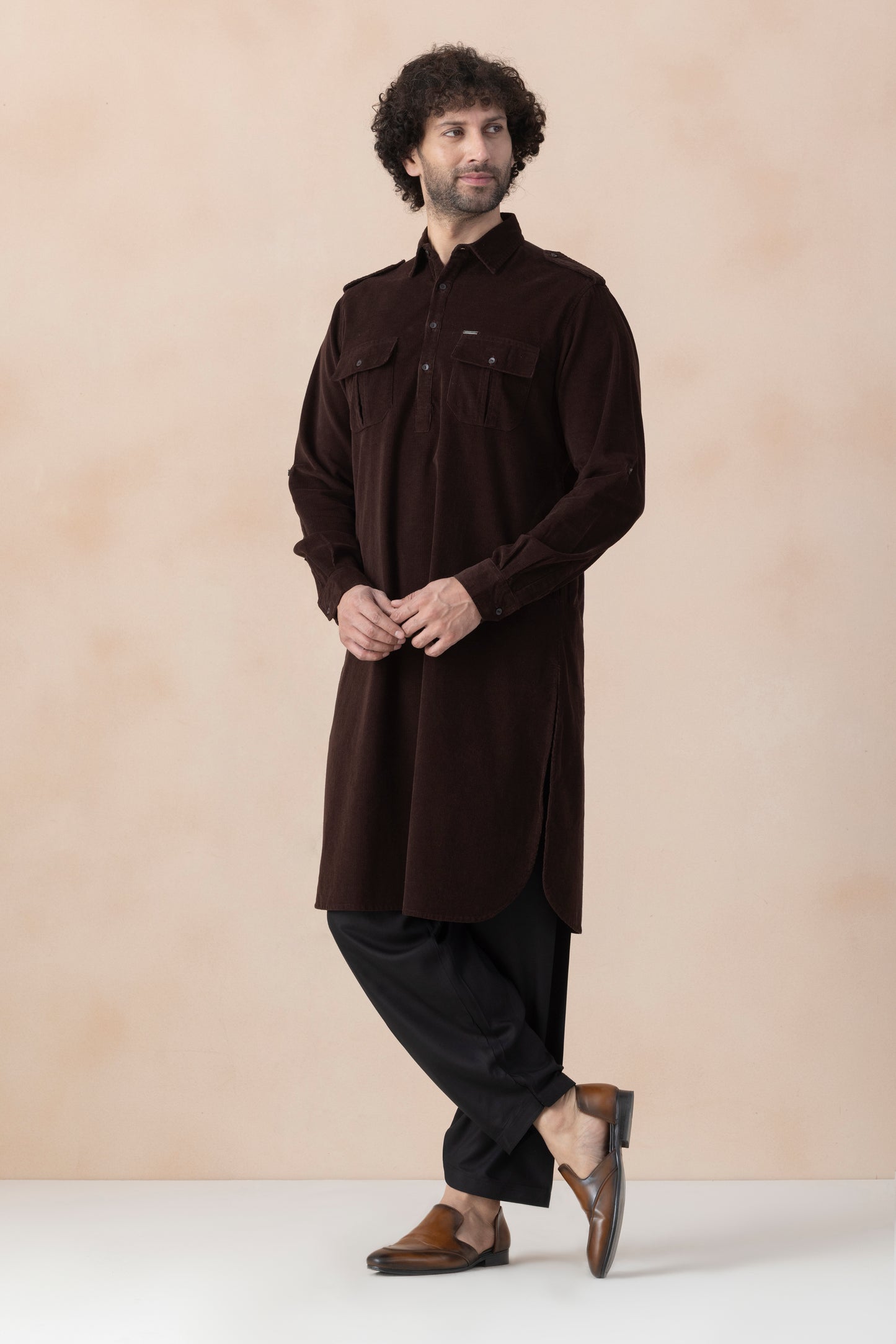 Men's Dark Brown  Solid Corduroy Pathani