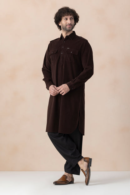 Men's Dark Brown  Solid Corduroy Pathani