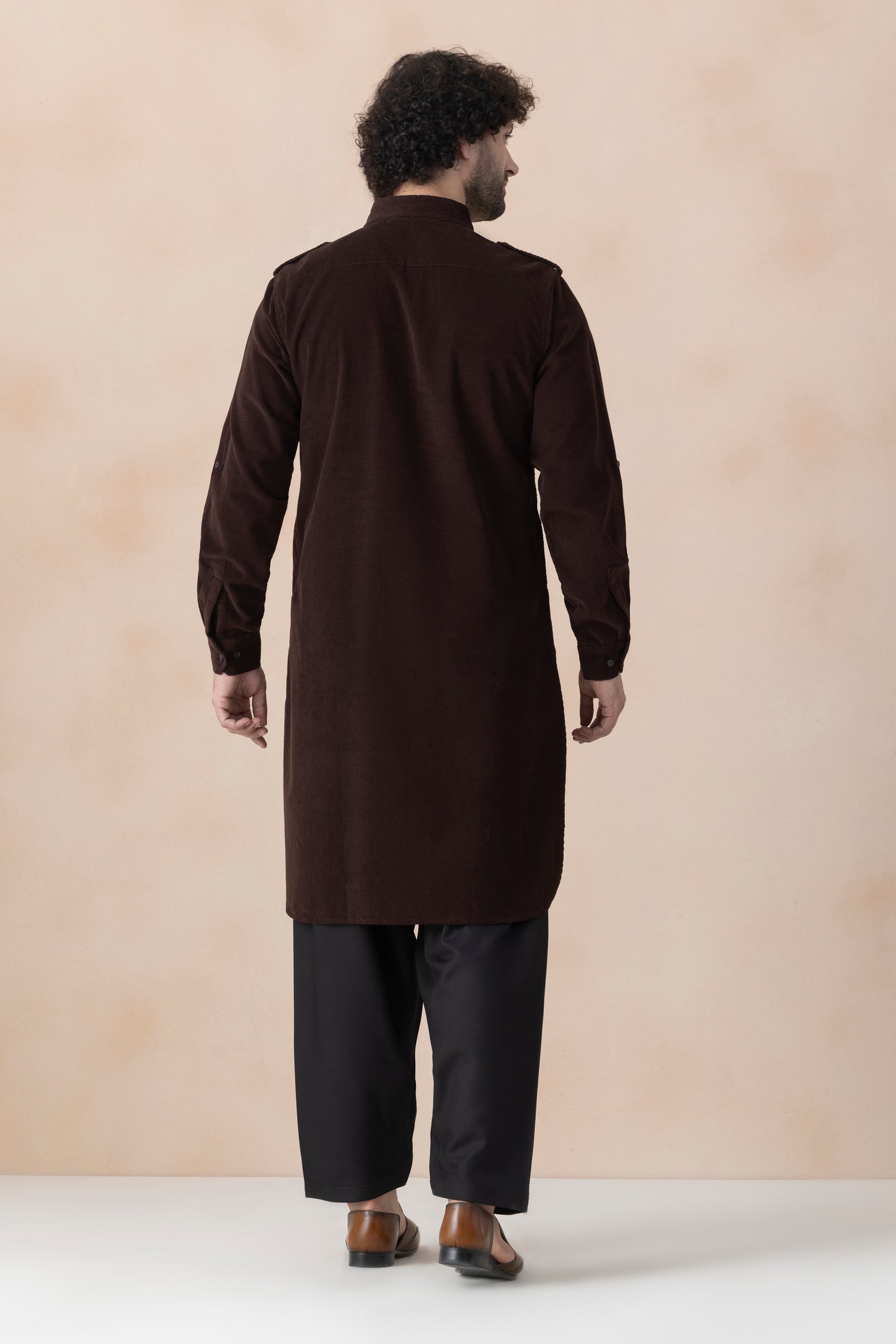 Men's Dark Brown  Solid Corduroy Pathani