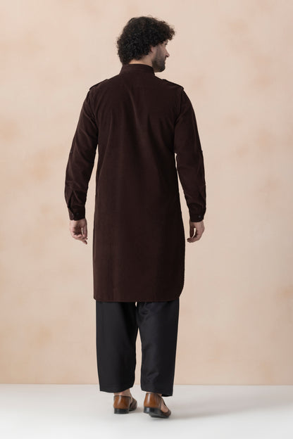 Men's Dark Brown  Solid Corduroy Pathani