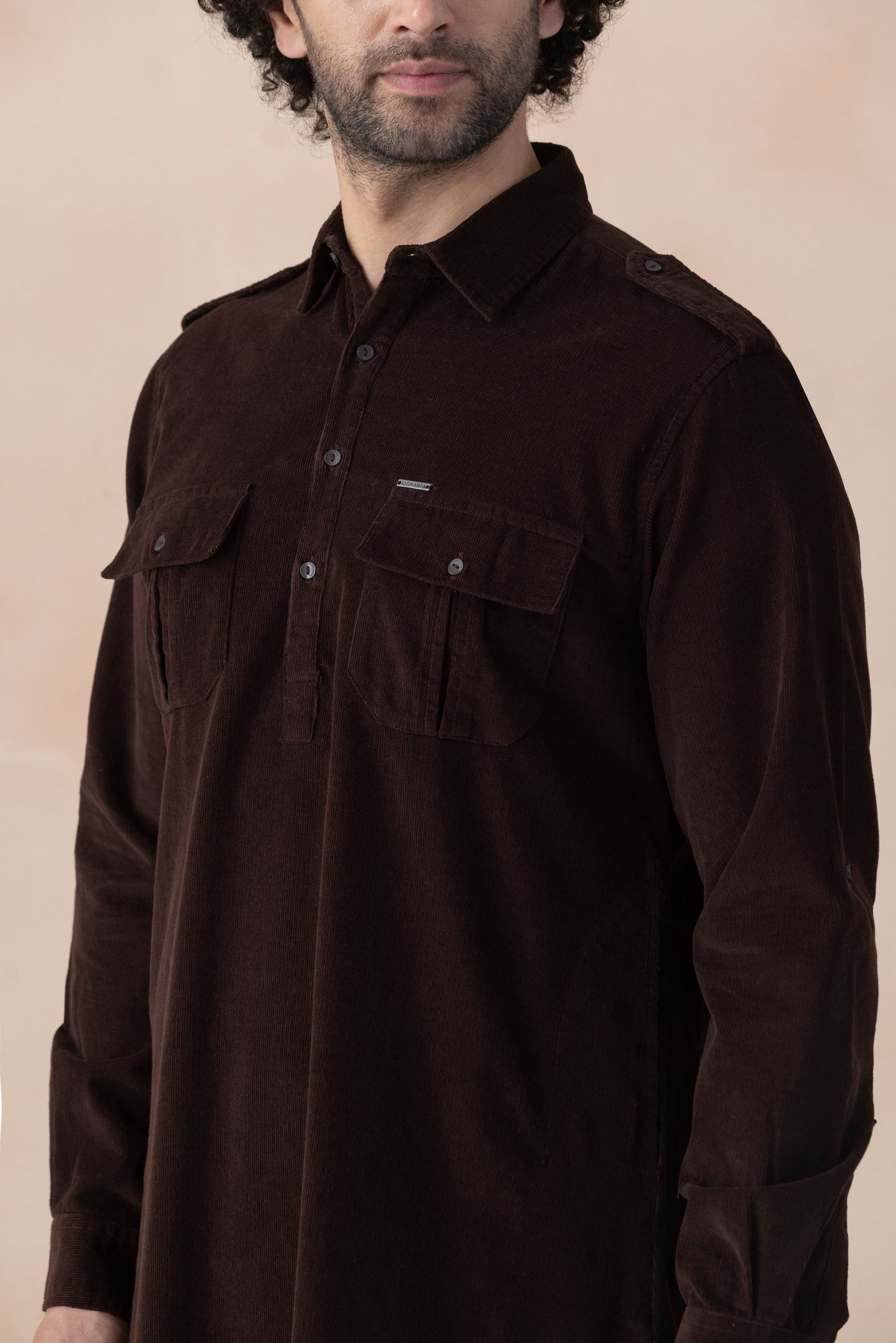 Men's Dark Brown  Solid Corduroy Pathani