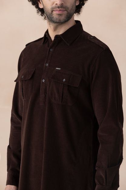Men's Dark Brown  Solid Corduroy Pathani