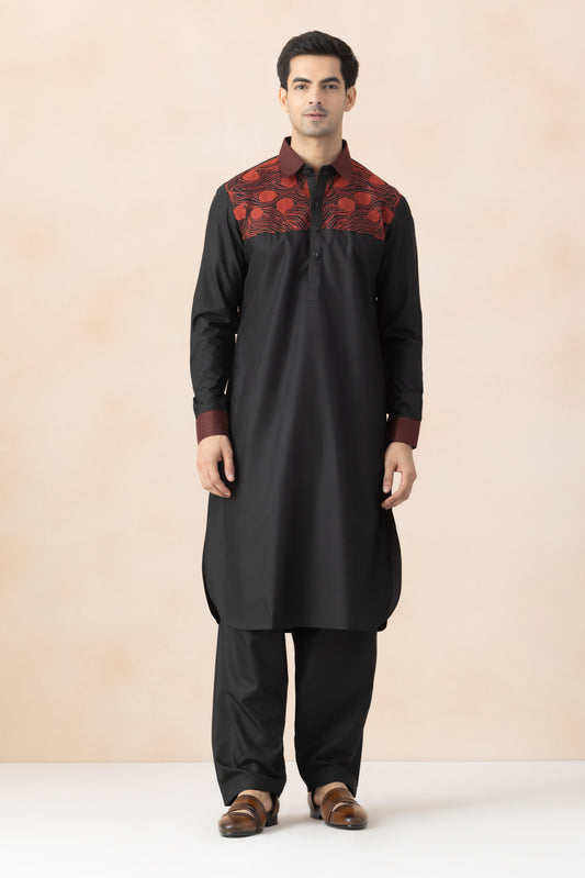 Men's Black Pathani Set with Red Embroidery