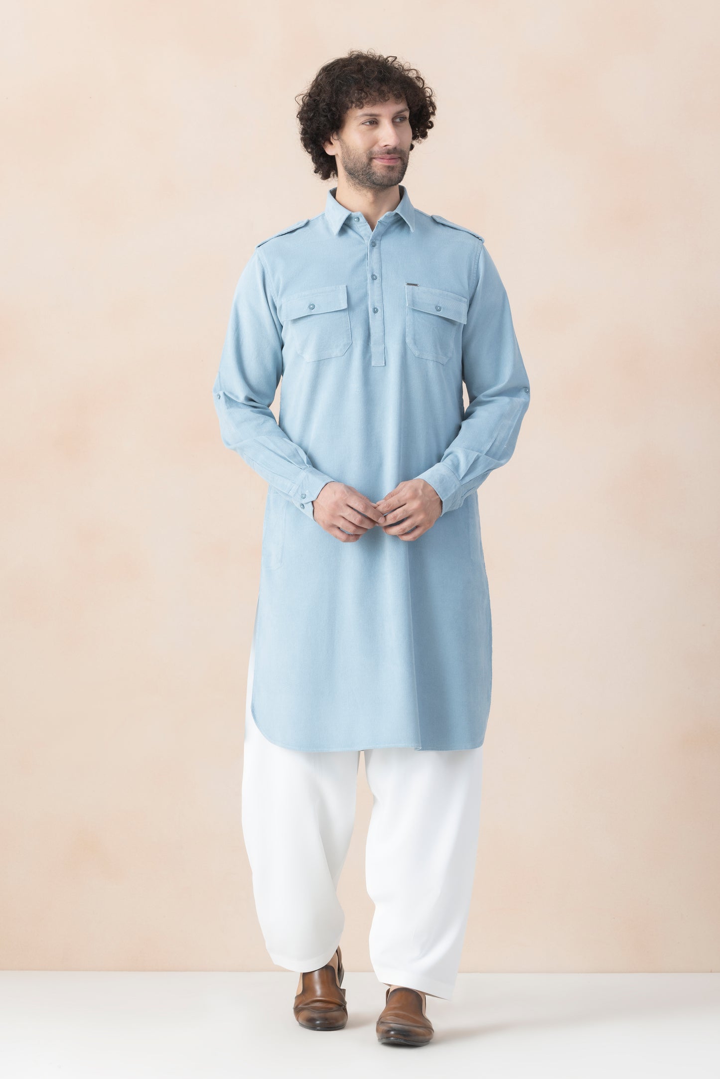 Men's Powder Blue Corduroy Pathani Set
