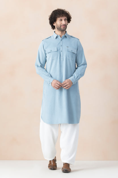 Men's Powder Blue Corduroy Pathani Set