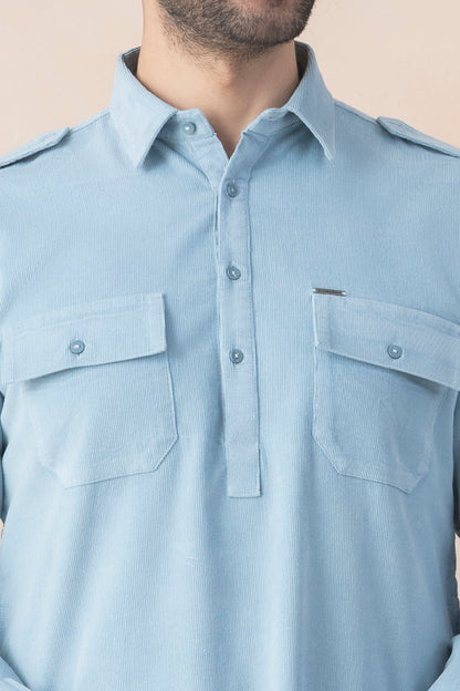 Men's Powder Blue Corduroy Pathani Set