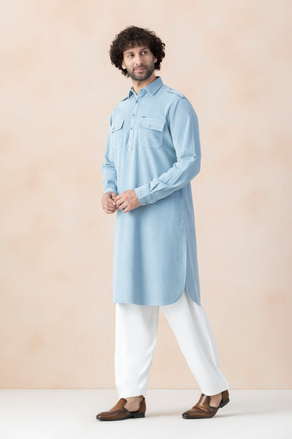 Men's Powder Blue Corduroy Pathani Set