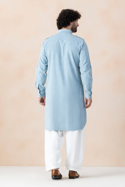 Men's Powder Blue Corduroy Pathani Set