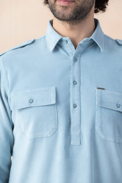 Men's Powder Blue Corduroy Pathani Set