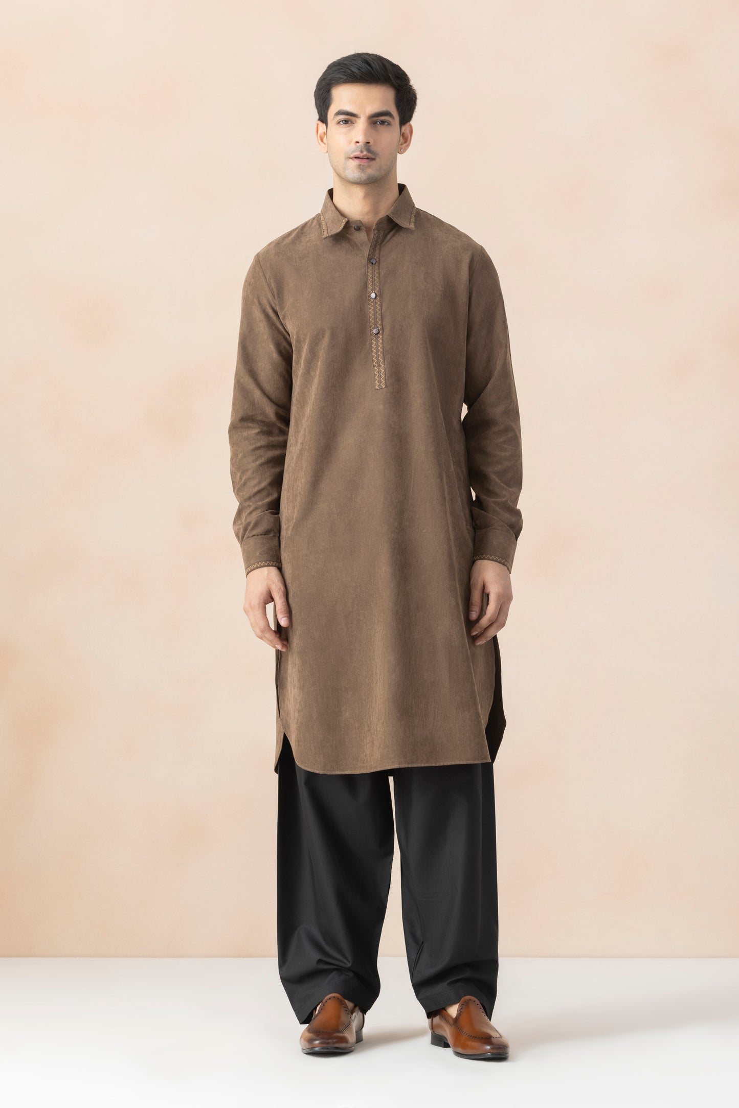 Men's Brown Cotton Twill Pathani Set