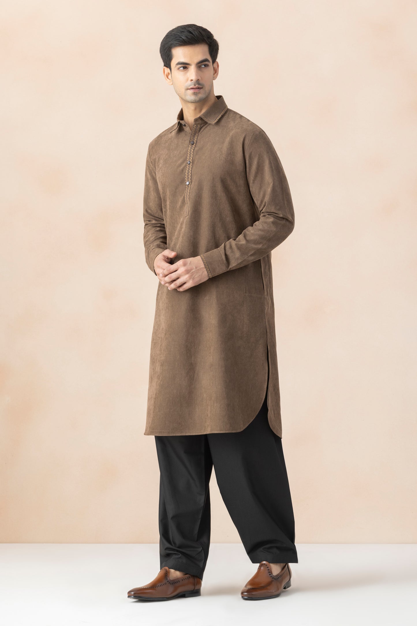 Men's Brown Cotton Twill Pathani Set