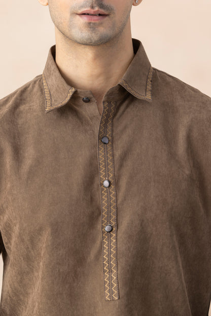 Men's Brown Cotton Twill Pathani Set
