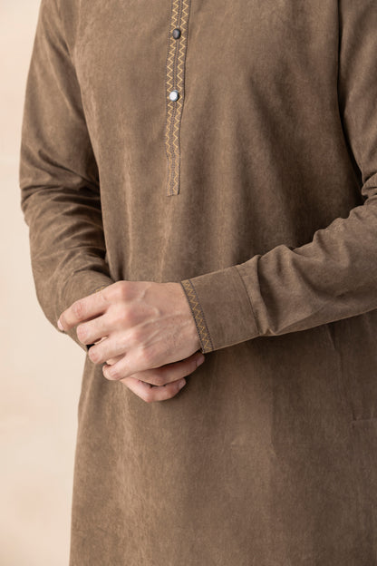 Men's Brown Cotton Twill Pathani Set