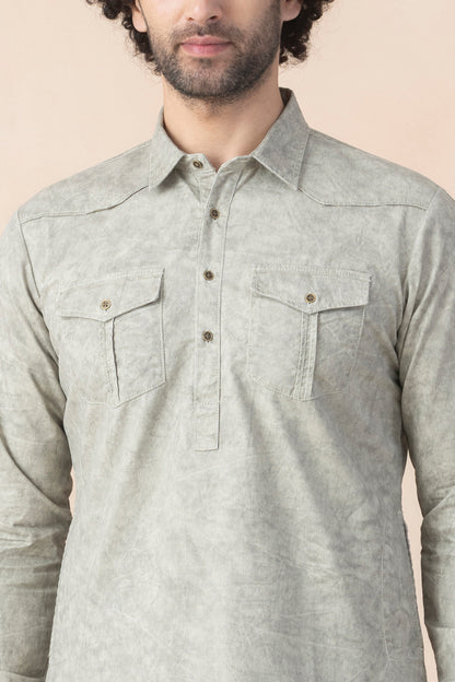 Sage Grey Denim Pathani Set For Men