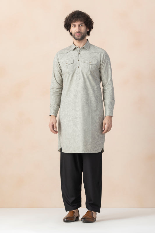 Sage Grey Denim Pathani Set For Men