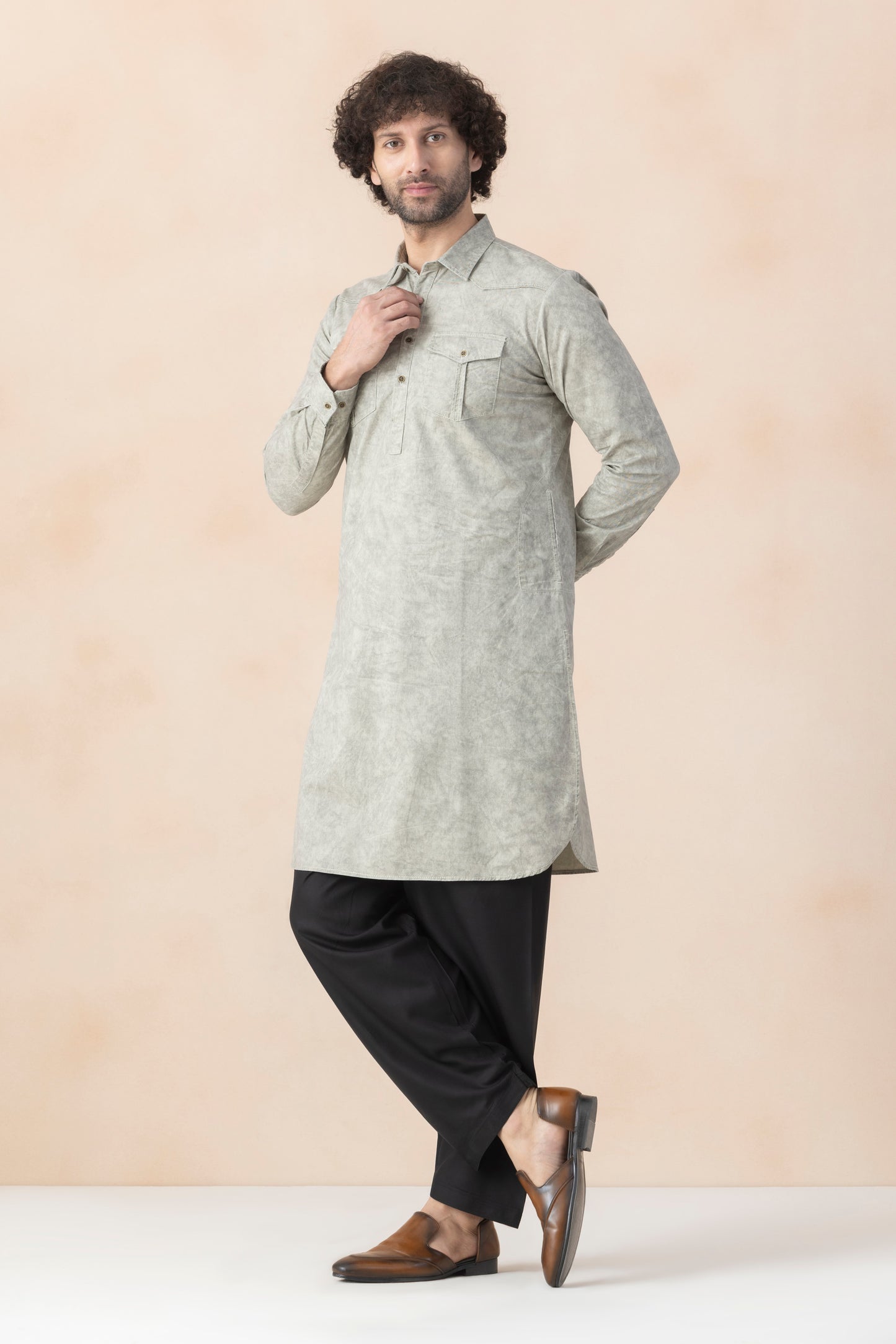Sage Grey Denim Pathani Set For Men